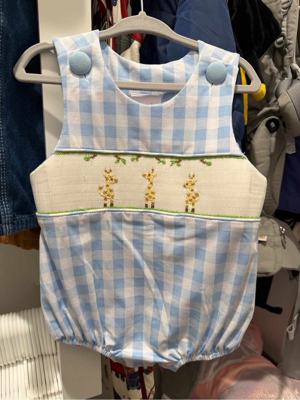 Blue Gingham Smocked Giraffe Baby Romper